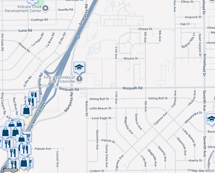 map of restaurants, bars, coffee shops, grocery stores, and more near 15425 Nisqualli Road in Victorville