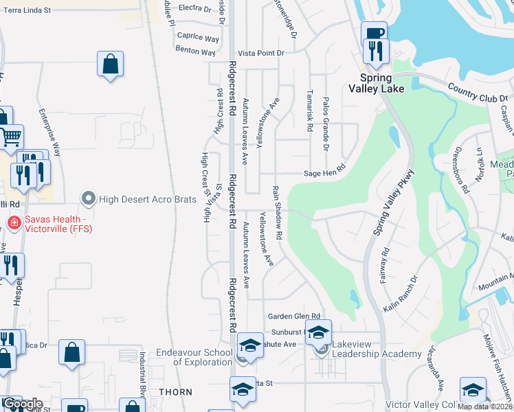map of restaurants, bars, coffee shops, grocery stores, and more near 17772 Pebble Beach Drive in Victorville