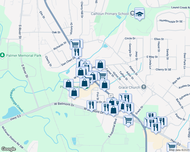 map of restaurants, bars, coffee shops, grocery stores, and more near 910 South Wall Street in Calhoun