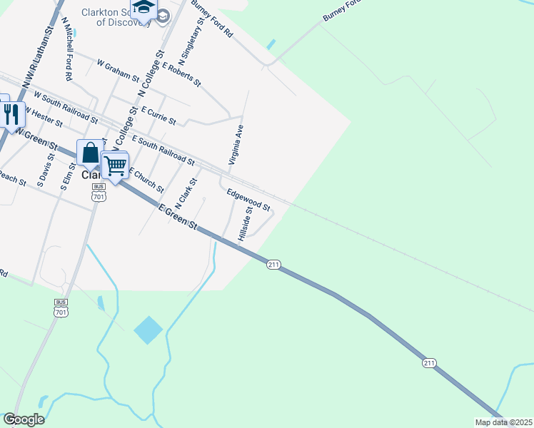 map of restaurants, bars, coffee shops, grocery stores, and more near 121 Edgewood Street in Clarkton