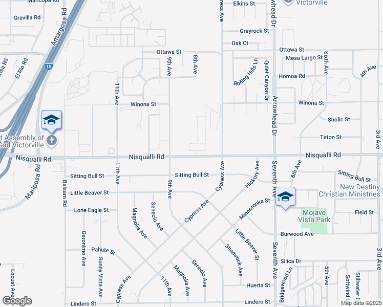 map of restaurants, bars, coffee shops, grocery stores, and more near 15783 Sandalwood Lane in Victorville