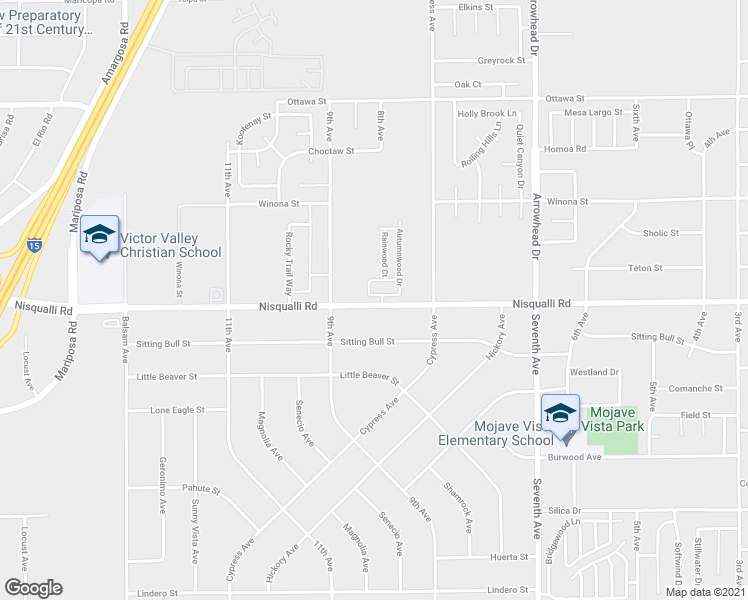 map of restaurants, bars, coffee shops, grocery stores, and more near 15783 Sandalwood Lane in Victorville