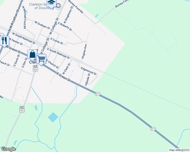 map of restaurants, bars, coffee shops, grocery stores, and more near 121 Edgewood Street in Clarkton