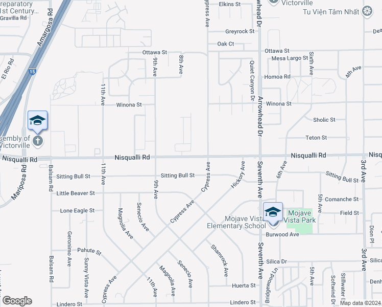 map of restaurants, bars, coffee shops, grocery stores, and more near 15837 Sandalwood Lane in Victorville