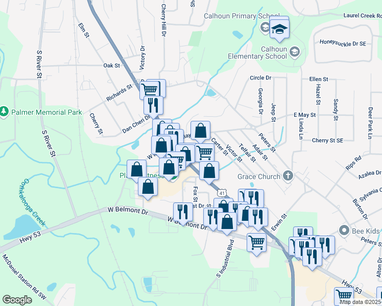 map of restaurants, bars, coffee shops, grocery stores, and more near 910 South Wall Street in Calhoun