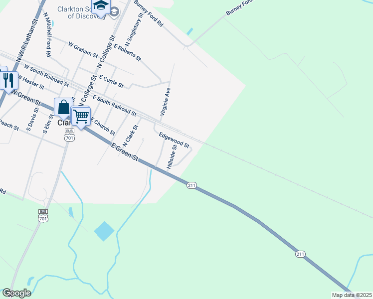 map of restaurants, bars, coffee shops, grocery stores, and more near 148 Edgewood Street in Clarkton