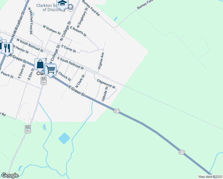 map of restaurants, bars, coffee shops, grocery stores, and more near 148 Edgewood Street in Clarkton