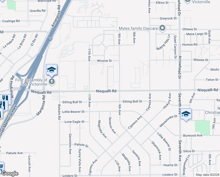 map of restaurants, bars, coffee shops, grocery stores, and more near 15643 Nisqualli Road in Victorville