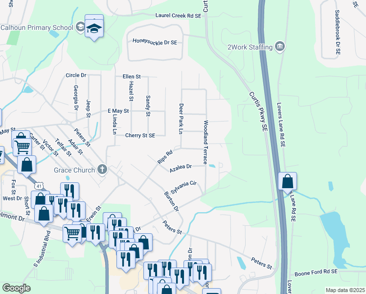 map of restaurants, bars, coffee shops, grocery stores, and more near Deer Park Lane in Calhoun