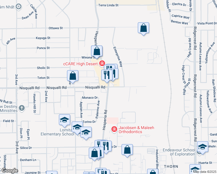 map of restaurants, bars, coffee shops, grocery stores, and more near Hesperia Rd & Nisqualli Rd in Victorville
