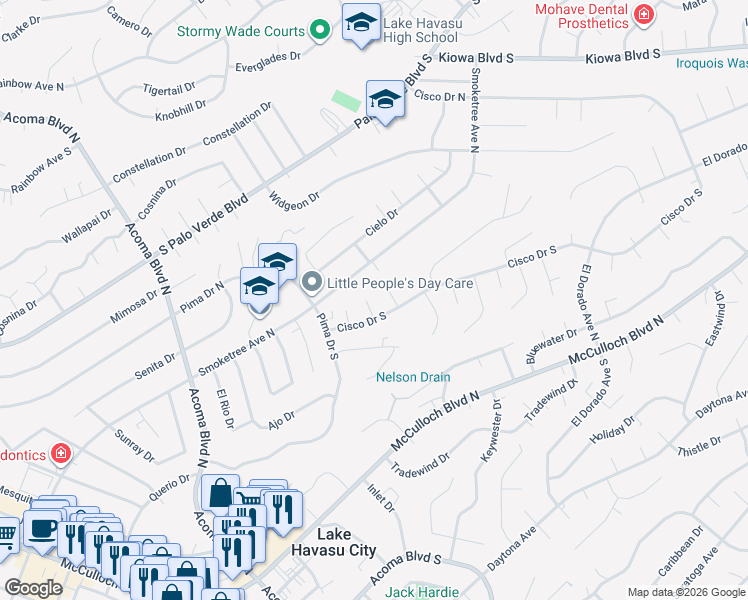 map of restaurants, bars, coffee shops, grocery stores, and more near 2493 Ocotillo Lane in Lake Havasu City