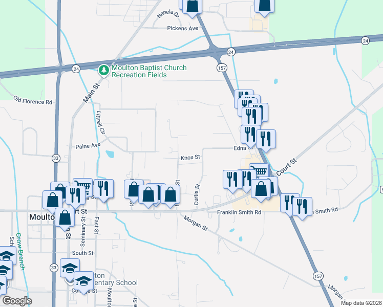 map of restaurants, bars, coffee shops, grocery stores, and more near 70 Chris Jesse Street in Moulton