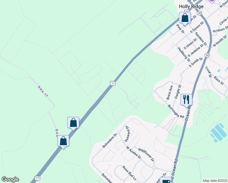 map of restaurants, bars, coffee shops, grocery stores, and more near U.S. 17 in Holly Ridge