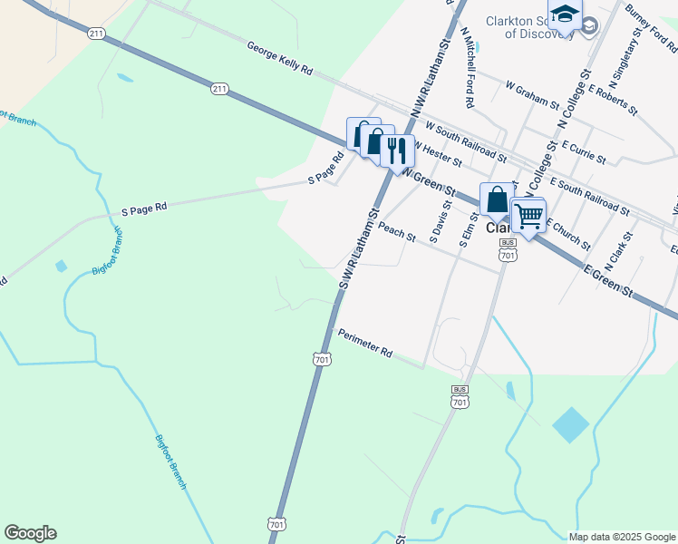 map of restaurants, bars, coffee shops, grocery stores, and more near 10488R South West R Latham Street in Clarkton