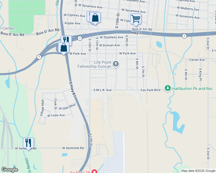 map of restaurants, bars, coffee shops, grocery stores, and more near 1110 Martin Luther King Junior Avenue in Duncan