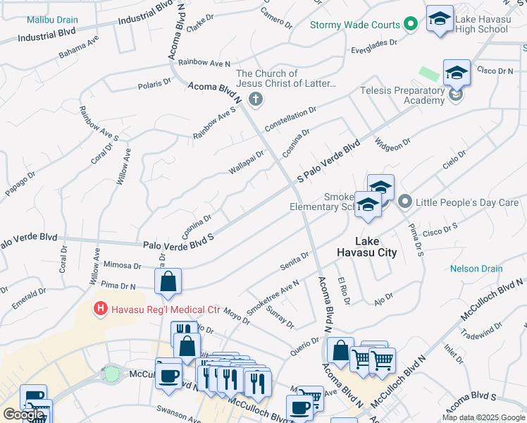 map of restaurants, bars, coffee shops, grocery stores, and more near 2180 Palo Verde Boulevard South in Lake Havasu City