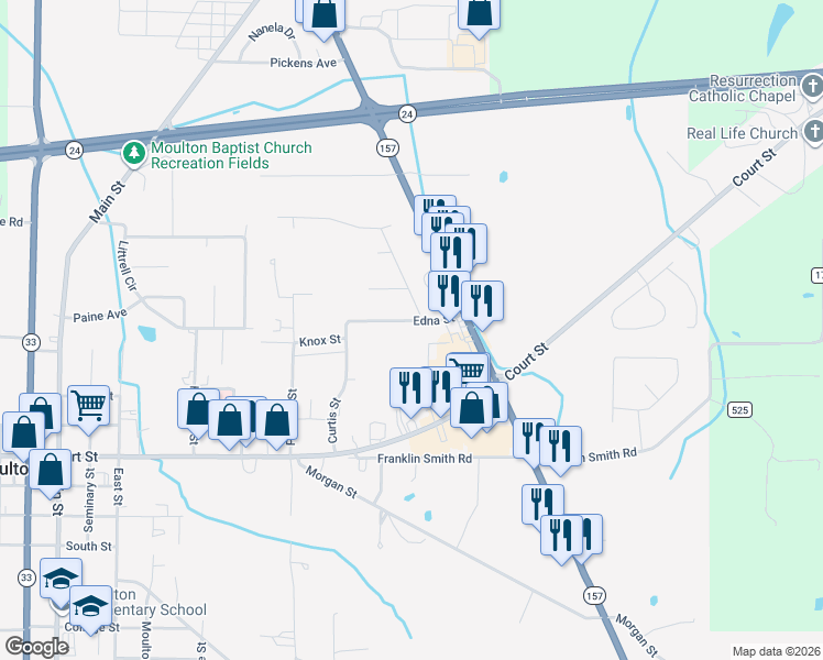map of restaurants, bars, coffee shops, grocery stores, and more near 110 Edna Street in Moulton