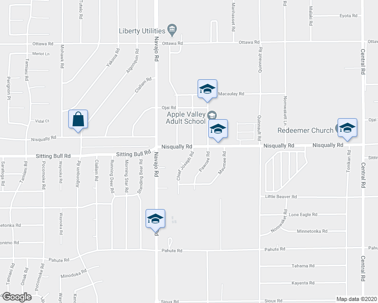 map of restaurants, bars, coffee shops, grocery stores, and more near 21825 Nisqually Road in Apple Valley