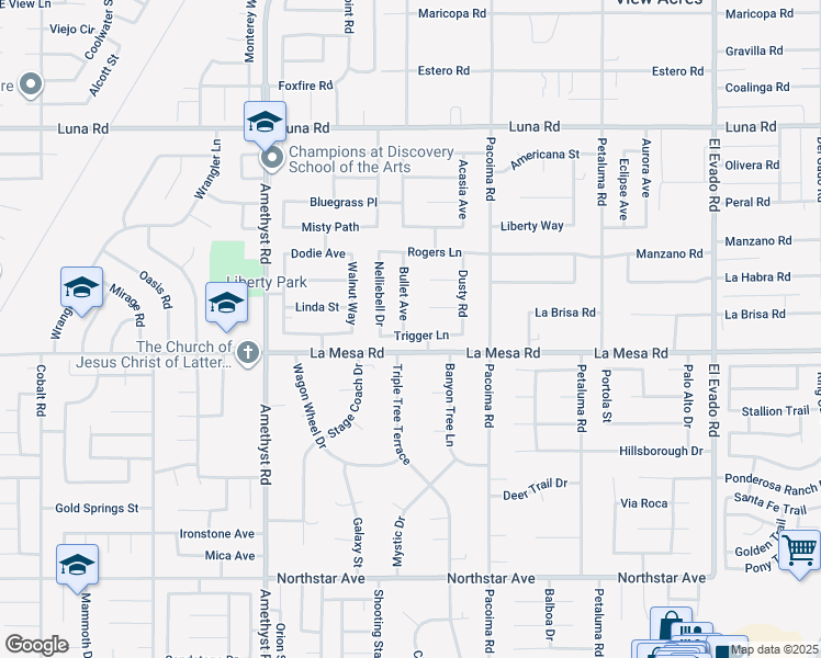 map of restaurants, bars, coffee shops, grocery stores, and more near 12941 Bullet Avenue in Victorville