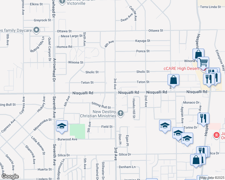 map of restaurants, bars, coffee shops, grocery stores, and more near 16476 Nisqualli Road in Victorville