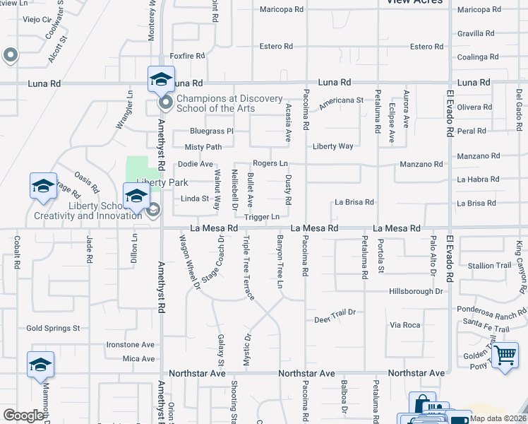 map of restaurants, bars, coffee shops, grocery stores, and more near 13984 Trigger Lane in Victorville