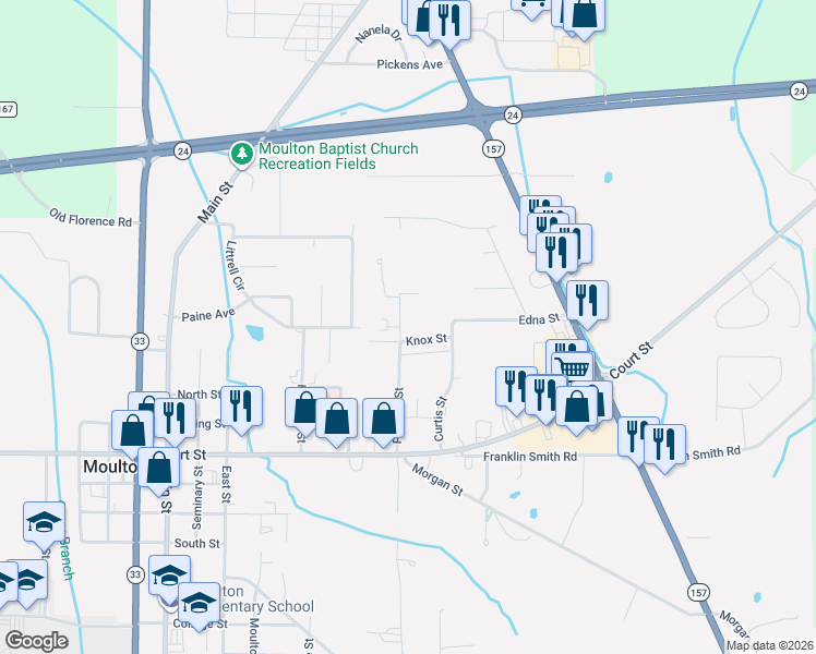 map of restaurants, bars, coffee shops, grocery stores, and more near 70 Chris Jesse Street in Moulton