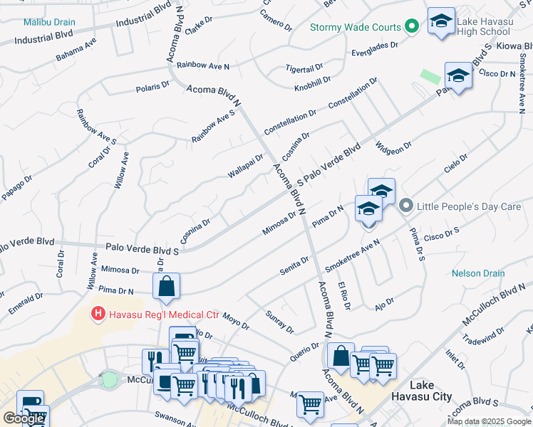 map of restaurants, bars, coffee shops, grocery stores, and more near 2187 South Palo Verde Boulevard in Lake Havasu City