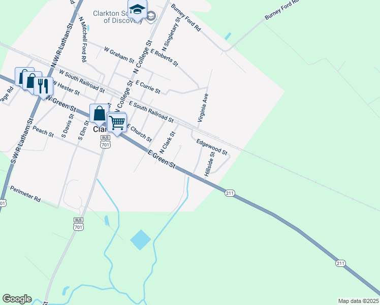 map of restaurants, bars, coffee shops, grocery stores, and more near North Elmhurst Street in Clarkton
