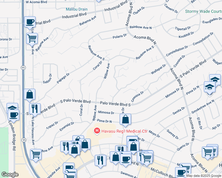map of restaurants, bars, coffee shops, grocery stores, and more near 341 Tumamoc Drive in Lake Havasu City