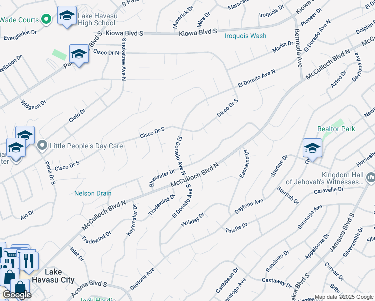 map of restaurants, bars, coffee shops, grocery stores, and more near 2810 Weekender Lane in Lake Havasu City