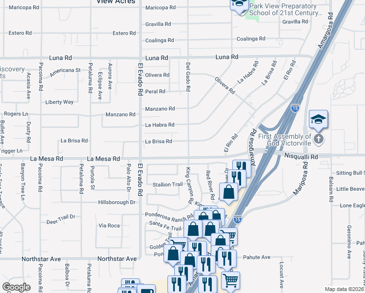 map of restaurants, bars, coffee shops, grocery stores, and more near 14660 La Brisa Road in Victorville