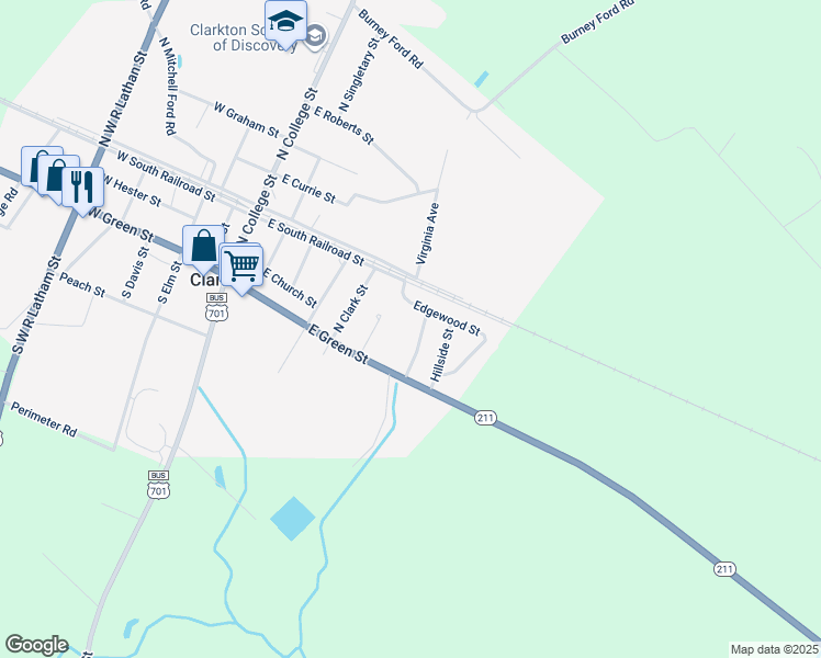 map of restaurants, bars, coffee shops, grocery stores, and more near North Elmhurst Street in Clarkton