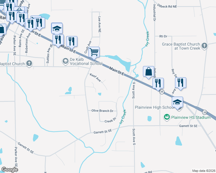map of restaurants, bars, coffee shops, grocery stores, and more near 40 Wells Street in Rainsville