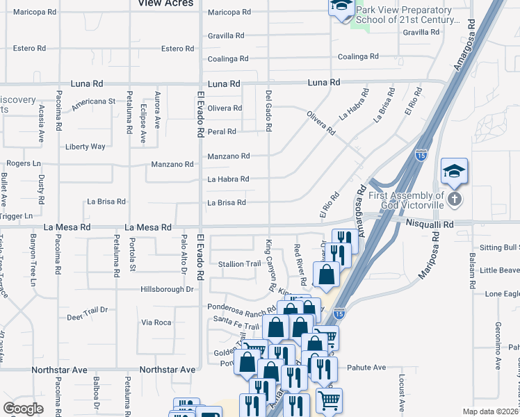 map of restaurants, bars, coffee shops, grocery stores, and more near 14660 La Brisa Road in Victorville