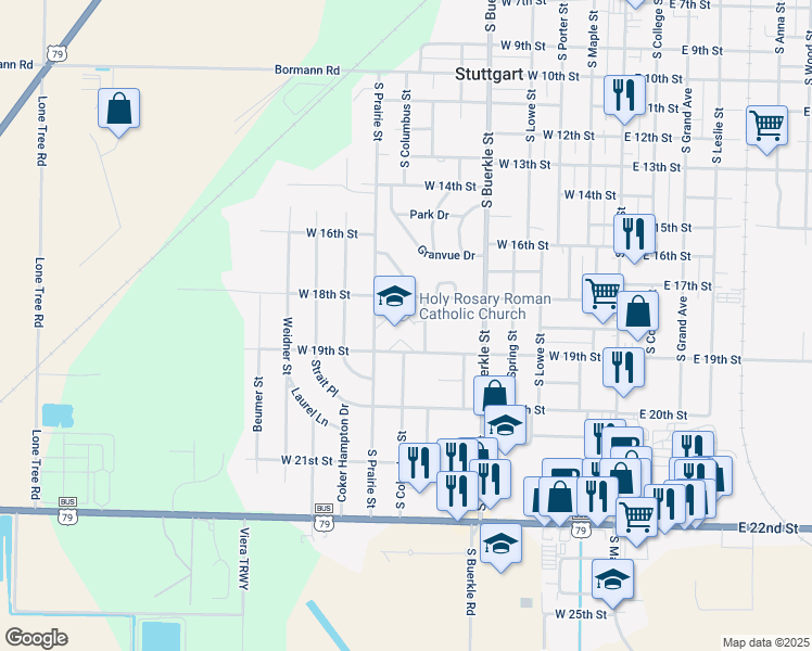 map of restaurants, bars, coffee shops, grocery stores, and more near 1815 South Prairie Street in Stuttgart