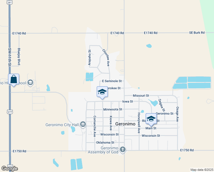 map of restaurants, bars, coffee shops, grocery stores, and more near 211 Cherokee Street in Geronimo