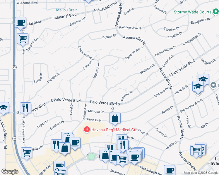 map of restaurants, bars, coffee shops, grocery stores, and more near 2021 Wallapai Drive in Lake Havasu City