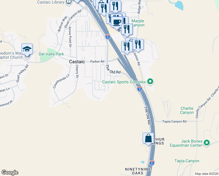 map of restaurants, bars, coffee shops, grocery stores, and more near 31363 The Old Road in Castaic