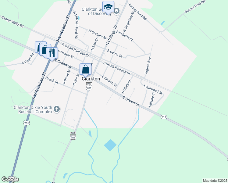 map of restaurants, bars, coffee shops, grocery stores, and more near in Clarkton