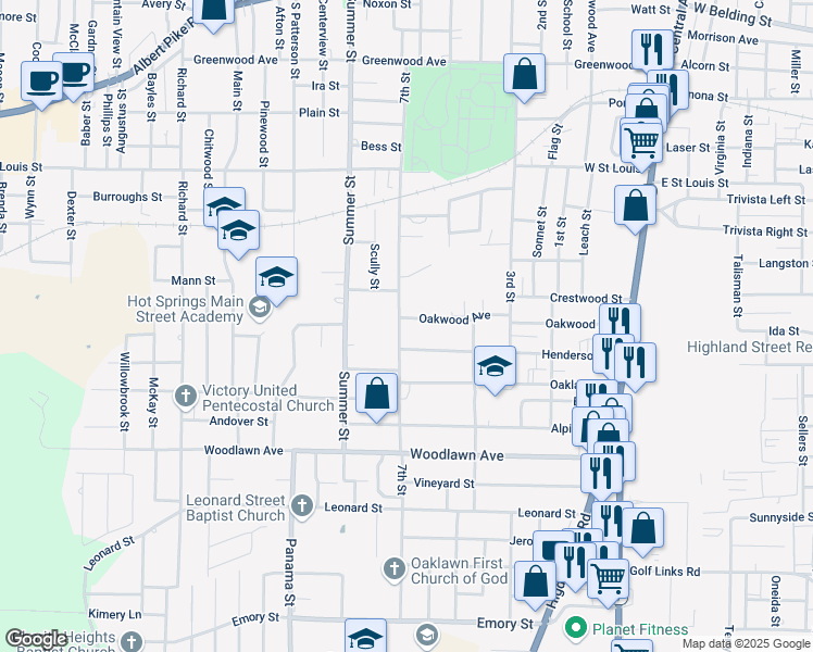 map of restaurants, bars, coffee shops, grocery stores, and more near 410 Oakwood Avenue in Hot Springs