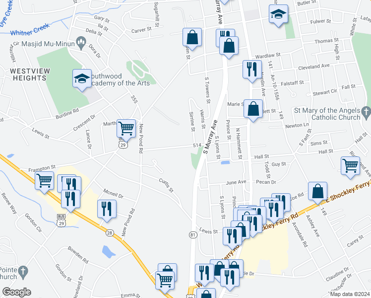map of restaurants, bars, coffee shops, grocery stores, and more near 601 Don Avenue in Anderson