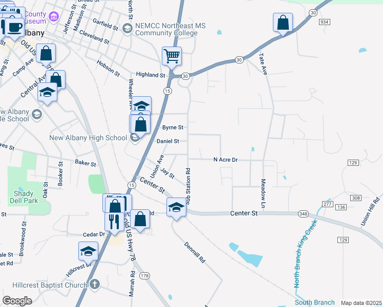 map of restaurants, bars, coffee shops, grocery stores, and more near 214 Sub Station Road in New Albany