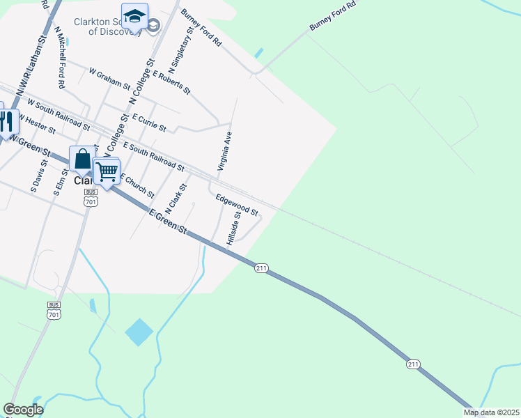 map of restaurants, bars, coffee shops, grocery stores, and more near 158 Edgewood Street in Clarkton