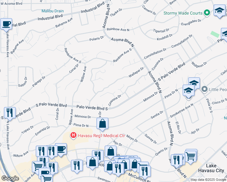 map of restaurants, bars, coffee shops, grocery stores, and more near 2060 Wallapai Drive in Lake Havasu City