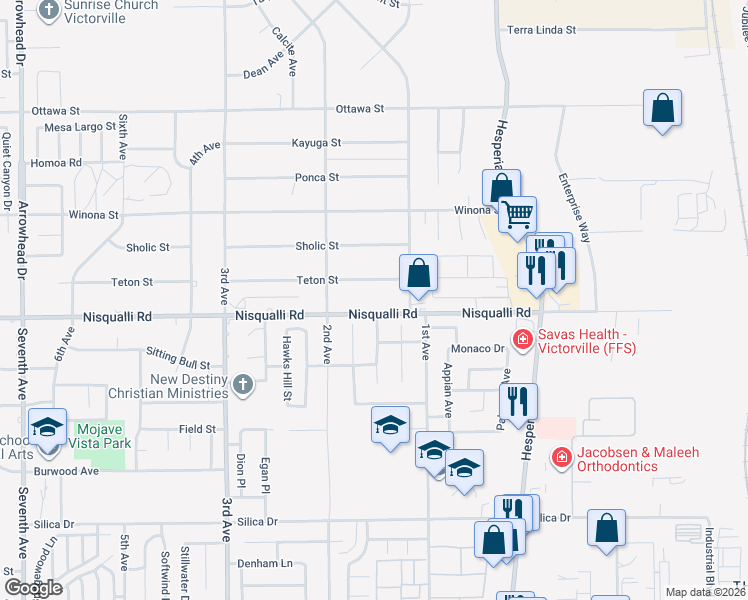 map of restaurants, bars, coffee shops, grocery stores, and more near 16792 Nisqualli Road in Victorville