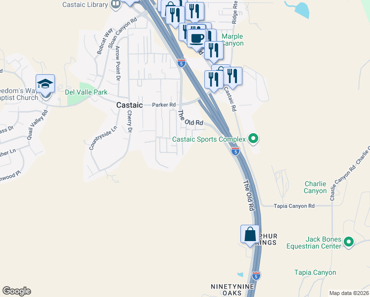 map of restaurants, bars, coffee shops, grocery stores, and more near 31240 North Lakehills Road in Castaic