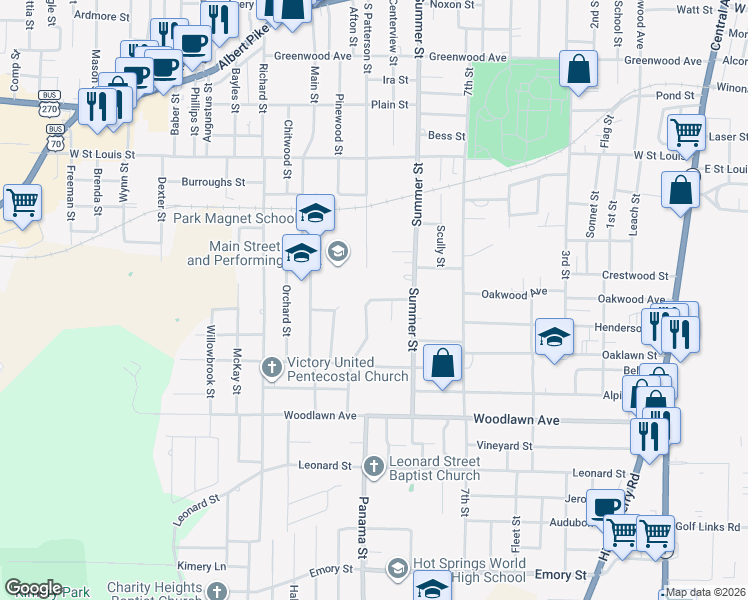 map of restaurants, bars, coffee shops, grocery stores, and more near 202 Lester Street in Hot Springs