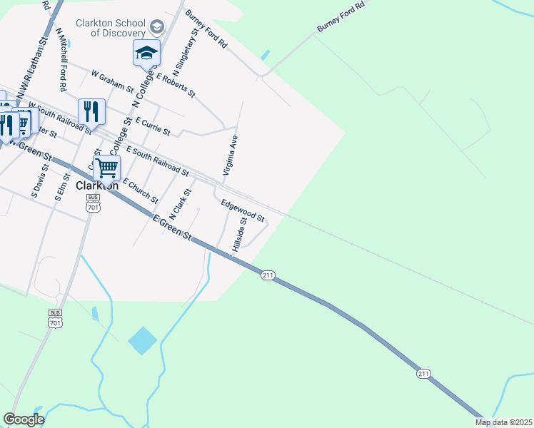 map of restaurants, bars, coffee shops, grocery stores, and more near 158 Edgewood Street in Clarkton