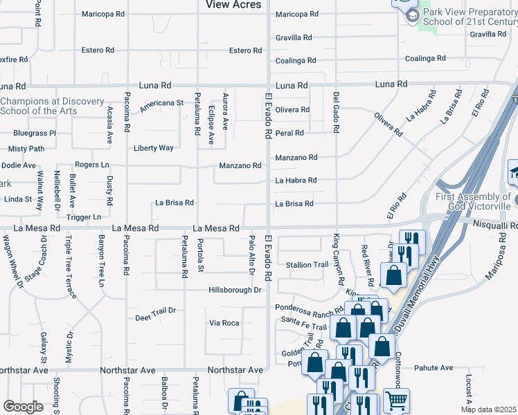 map of restaurants, bars, coffee shops, grocery stores, and more near 14471 La Brisa Road in Victorville