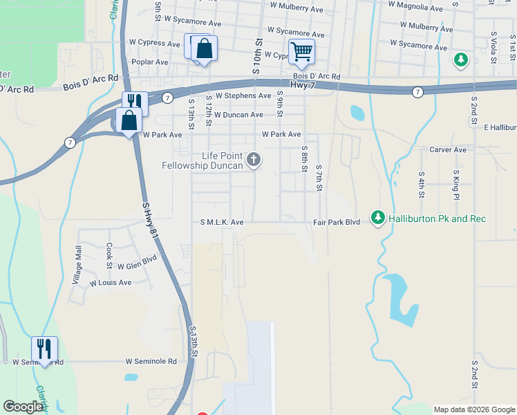 map of restaurants, bars, coffee shops, grocery stores, and more near 1404 South 10th Street in Duncan